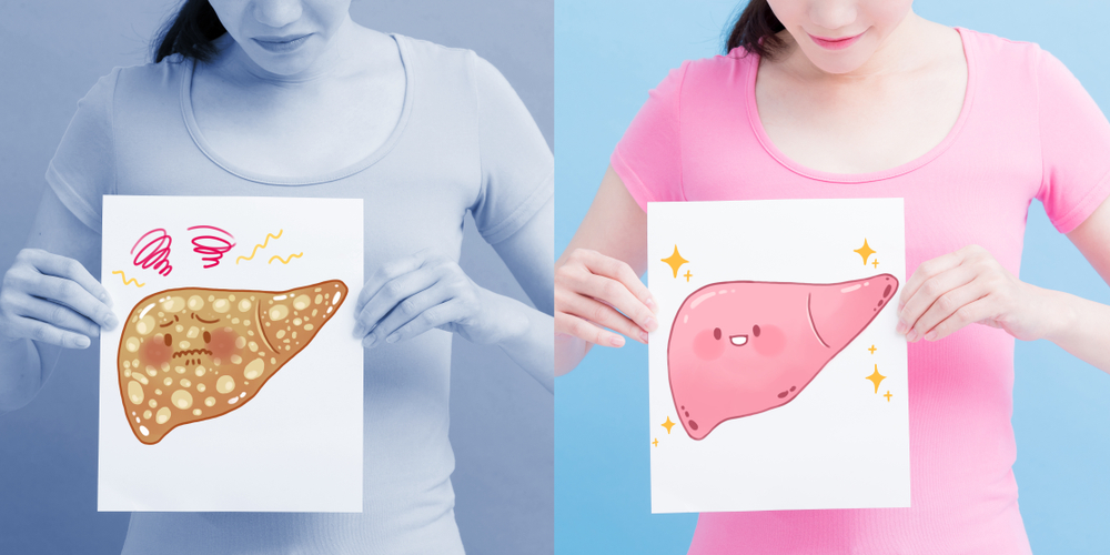 woman take liver billboard with health concept on the blue background
