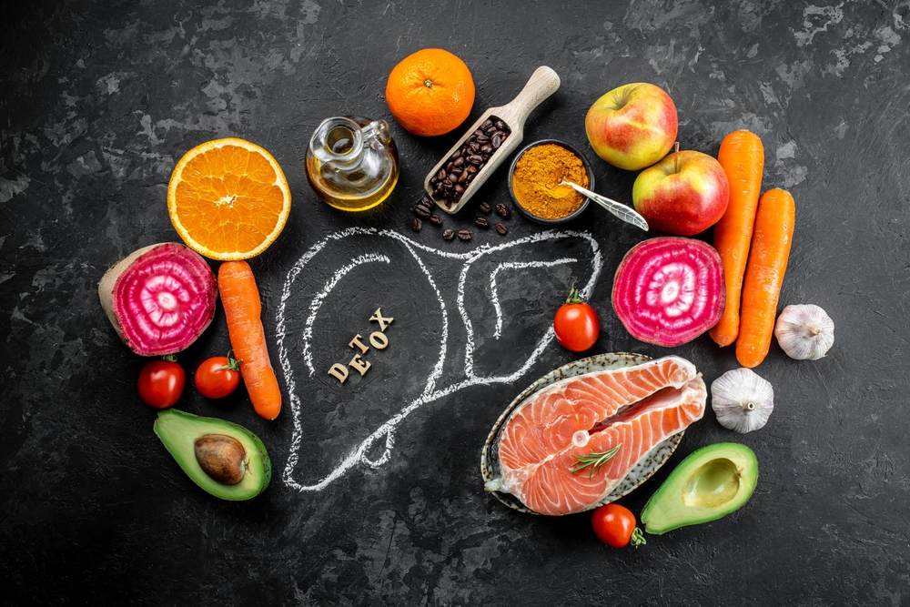 liver detox products. liver disease die, liver detox, clean eating. concept healthy food. top view.